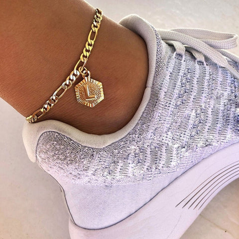 Dainty A-Z letter Anklet Hexagon Shaped Initial Ankle