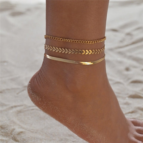 LETAPI 3pcs/set Gold Color Simple Chain Anklet